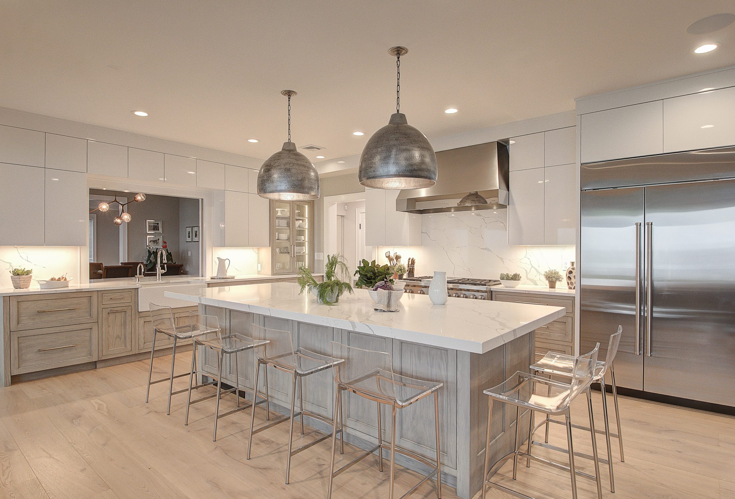 Modern White Kitchen Glass Cabinets — Laurenda Marie Photography